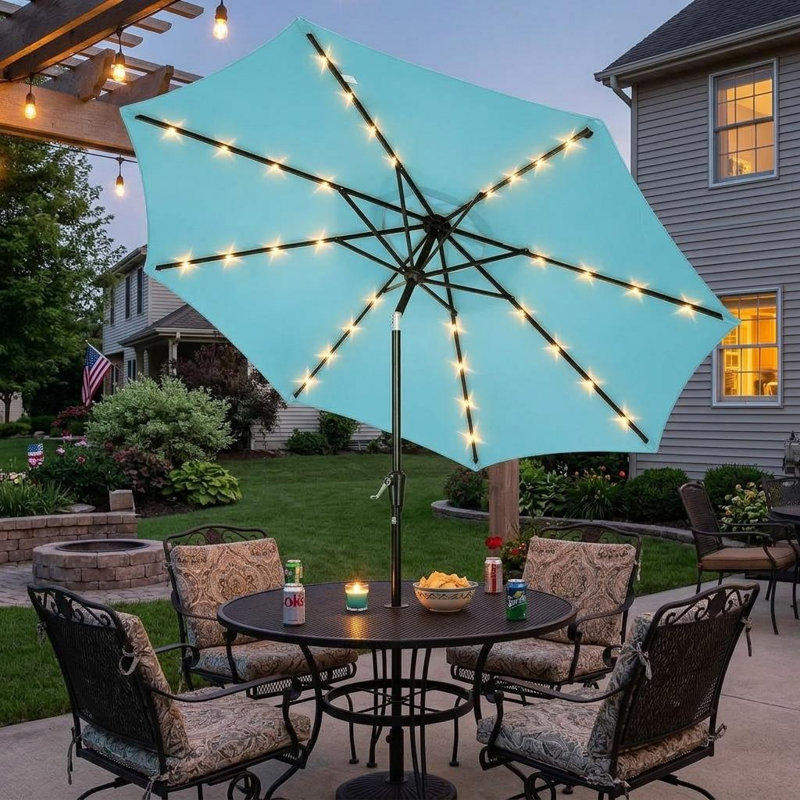 Parasol de patio avec 32 lumières DEL solaires, inclinable et manivelle pour jardin, terrasse, cour et piscine, Sarcelle
