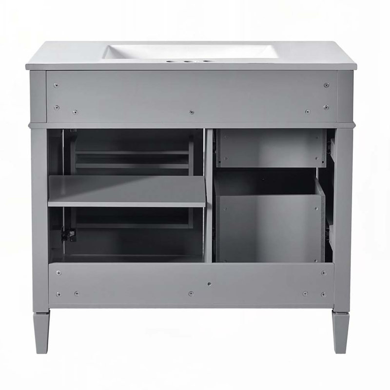 Meuble-lavabo de salle de bain avec lavabo en céramique, 2 tiroirs et un tiroir basculant, Gris