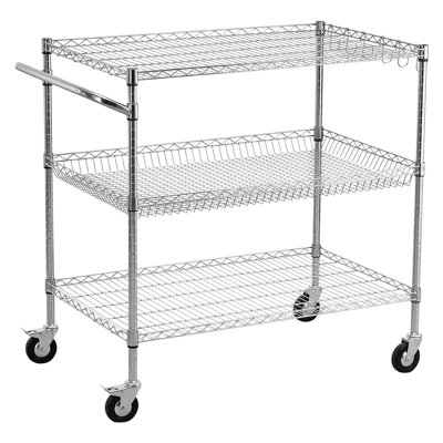 Chariot de cuisine, chariot de rangement réglable en fil métallique robuste à 3 niveaux, chariot de service roulant sur roulettes en acier commercial, table de travail avec barre de poignée, pour le garage et la salle de lavage, 40 x 25 x 40,9 po