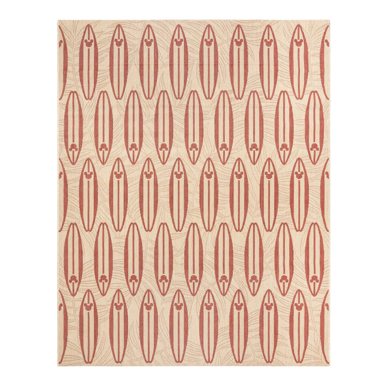 Disney Mickey Mouse Tropical Surf Board Red/ Beige Flatweave Indoor/ Outdoor Area Rug