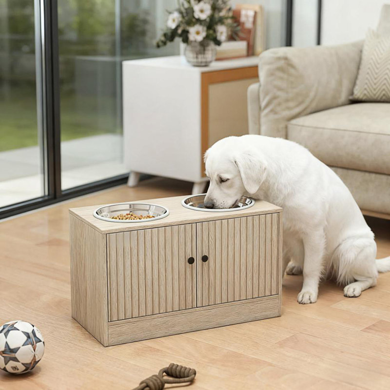 Armoire de rangement à 2 portes avec bols surélevés pour chien, armoire d'appoint
