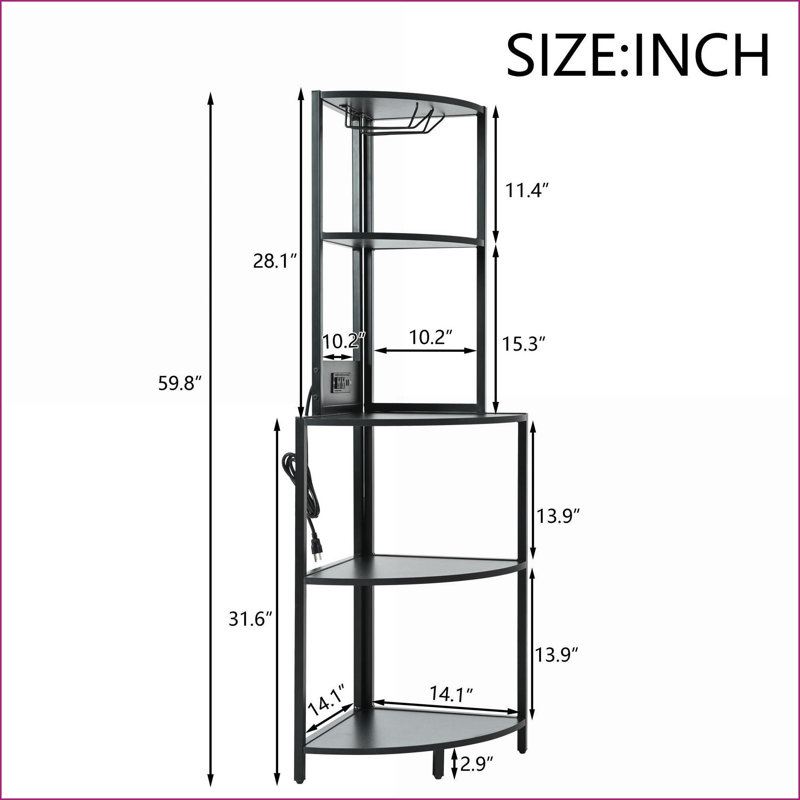 5-Tier Corner Shelf with LED Light &amp; USB Plug, Glass Holder | Metal &amp; MDF | Black