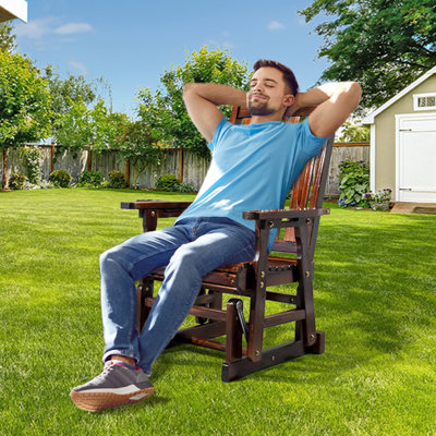 32 In. Solid Wood Patio Glider Chair With Cup Holder