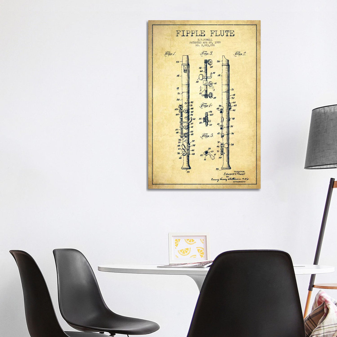 Fipple Flute Vintage Patent Blueprint von Aged Pixel - No Frame Gallery-Wrapped Canvas Giclée on Canvas