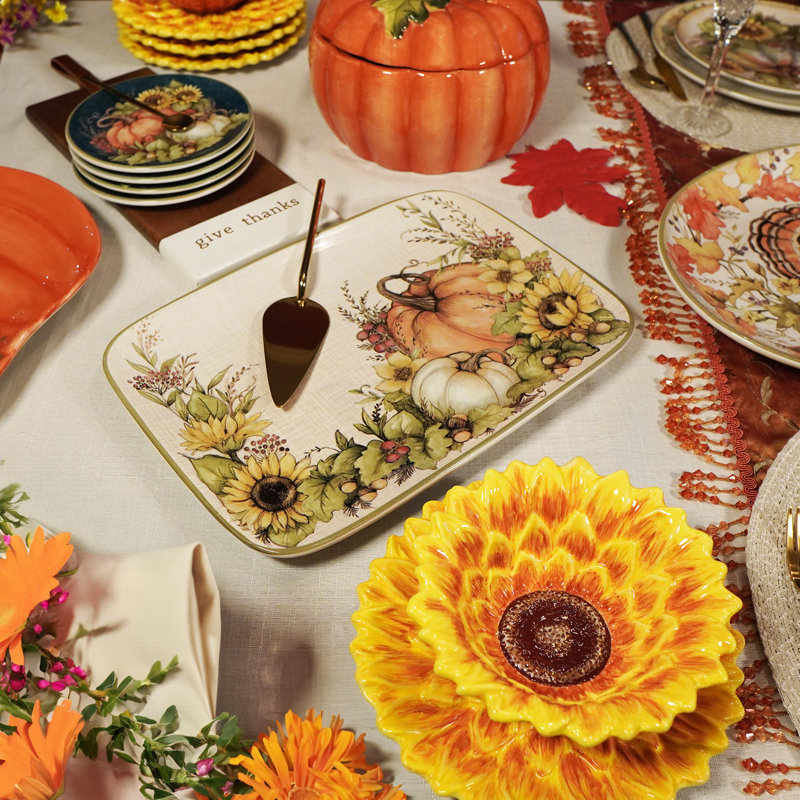 Autumn Breeze Rectangular Ceramic Serving Platter with Pumpkin Design
