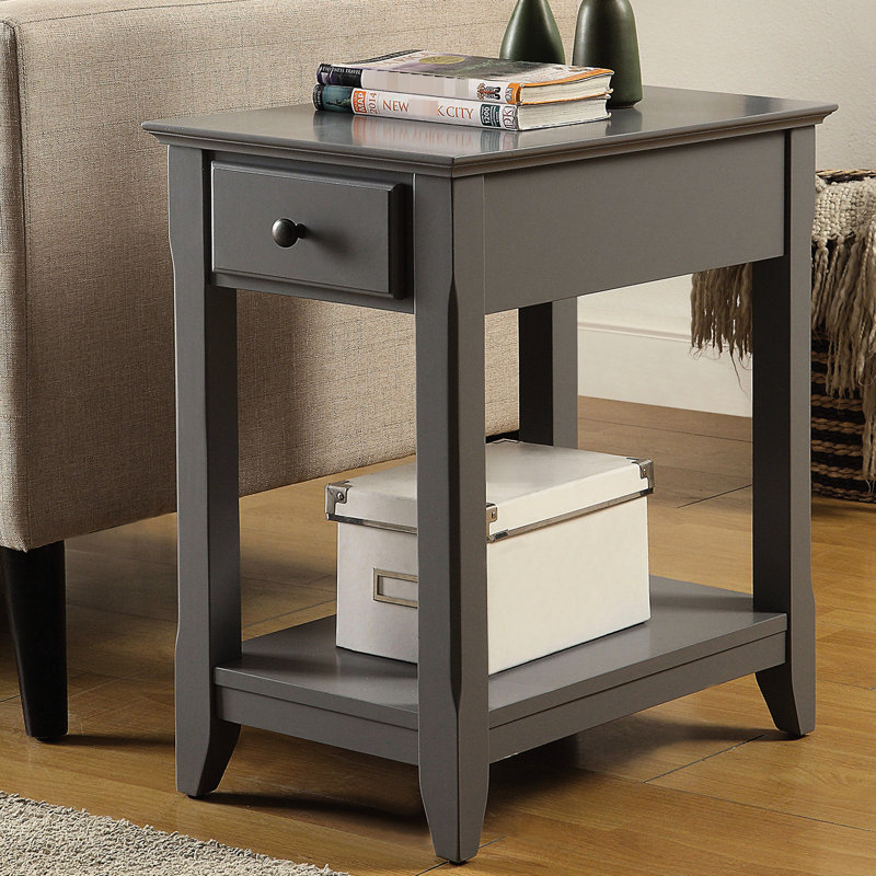 Table d'appoint rectangulaire grise avec un tiroir et une tablette de rangement