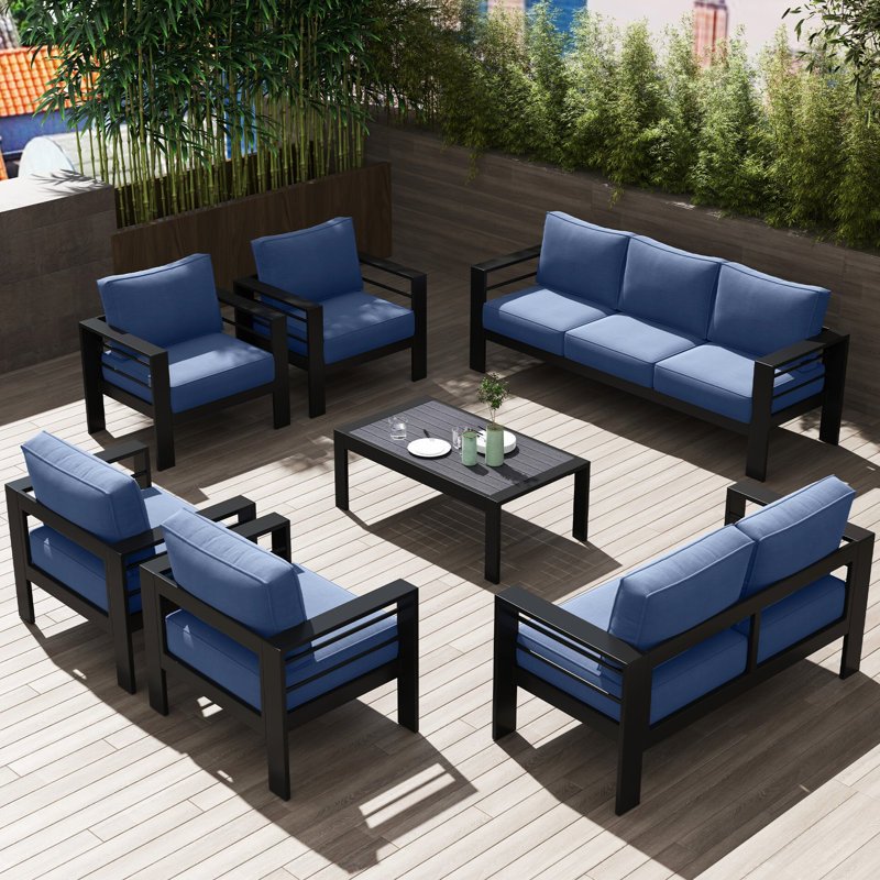 Aluminum 9-Person Outdoor Conversation Sets, Black/Blue
