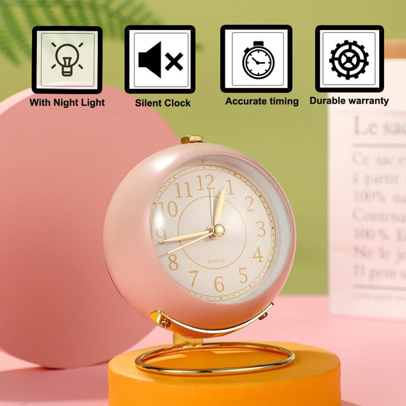 Small Table Clocks, Classic Non-Ticking Tabletop Alarm Clock With Backlight, Battery Operated Desk Astronaut Clock With HD Glass(Pink)