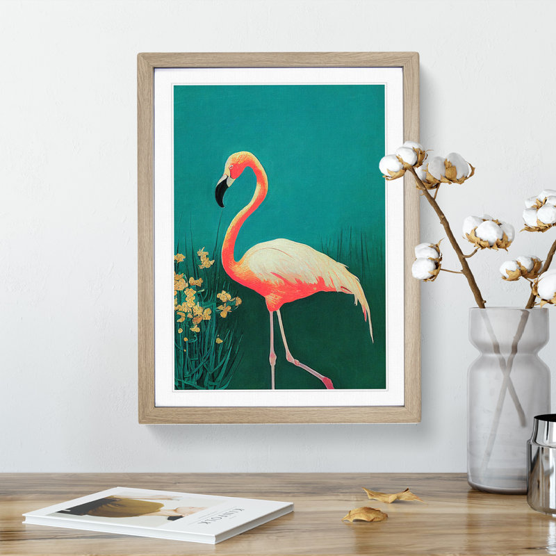 Walking Flamingo - Single Picture Frame Painting, 34cm H x 25cm W x 2cm D, Oak Framed