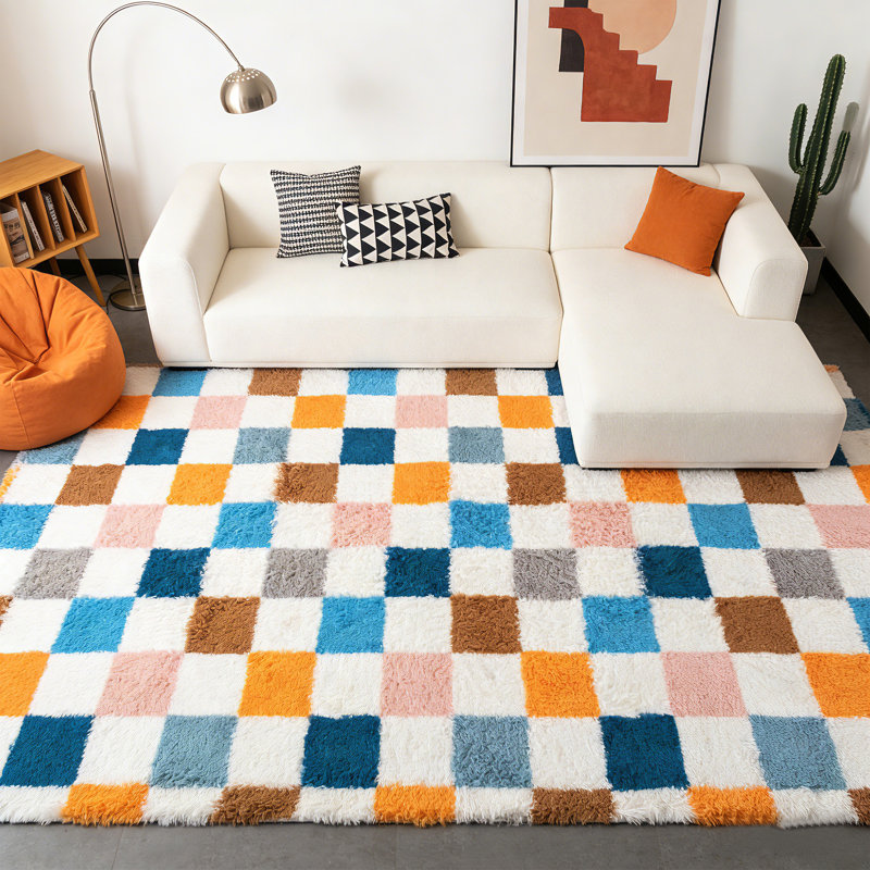 Tapis moelleux à poils longs et épais Rainbow Plaid, Rectangle 6 pi x 9 pi, Bleu