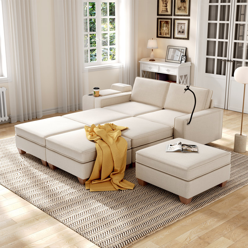 Canapé modulaire en U 144,73 po 7 places avec siège de rangement et console, Tissu beige