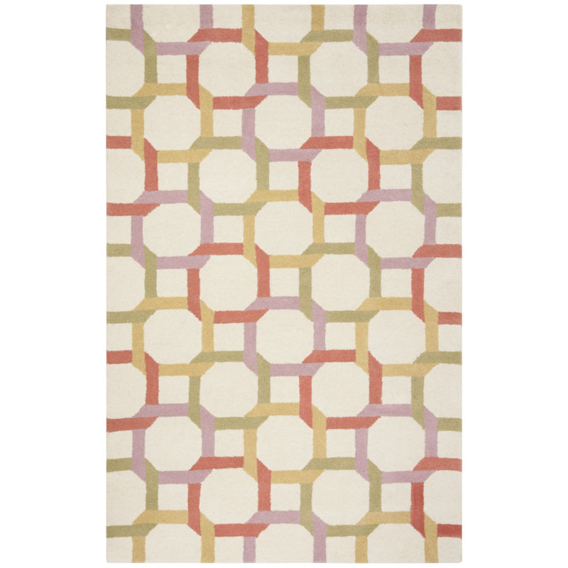 Tapis jaune / rouge / vert en laine touffeté à la main à motif géométrique, Rectangle 5 pi x 8 pi, Pivoine