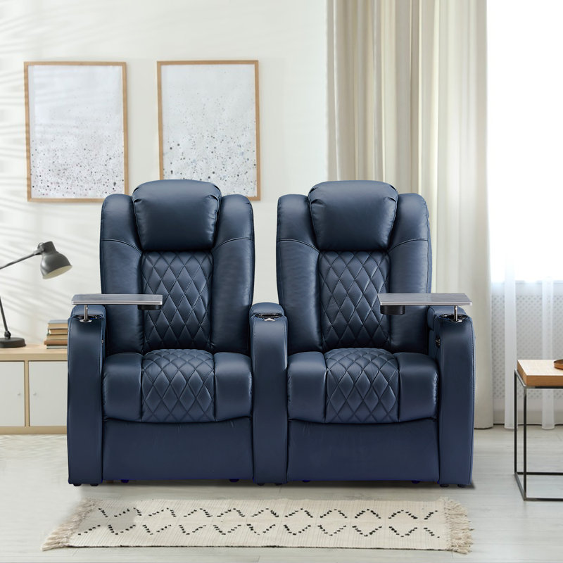 Chaise de théâtre avec ports USB et porte-gobelets (ensemble de 2), Cuir véritable bleu