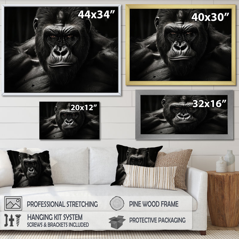 Art mural noir et blanc Gorilla Majestic II - Gorilla, H 12 po x l 20 po x P 1 po, Cadre simple noir