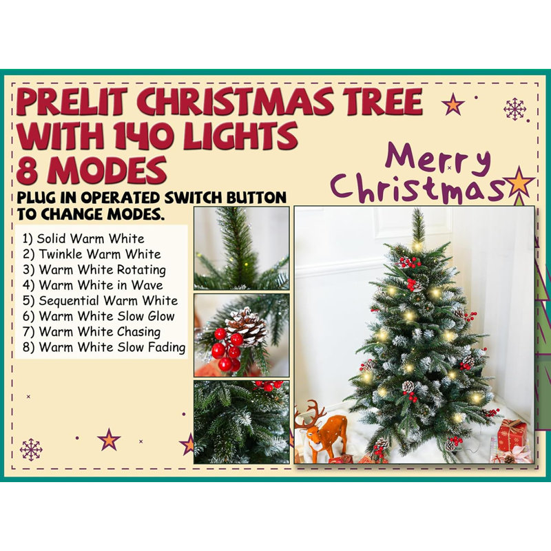 Arbre de Noël artificiel illuminé de 4 pieds avec pommes de pin, baies, perles de glace et 140 lumières claires, assemblage facile, 4 pi