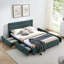Grand lit tapissier moderne avec tiroirs sous le lit, tête de lit confortable et structure robuste en bleu-343536521