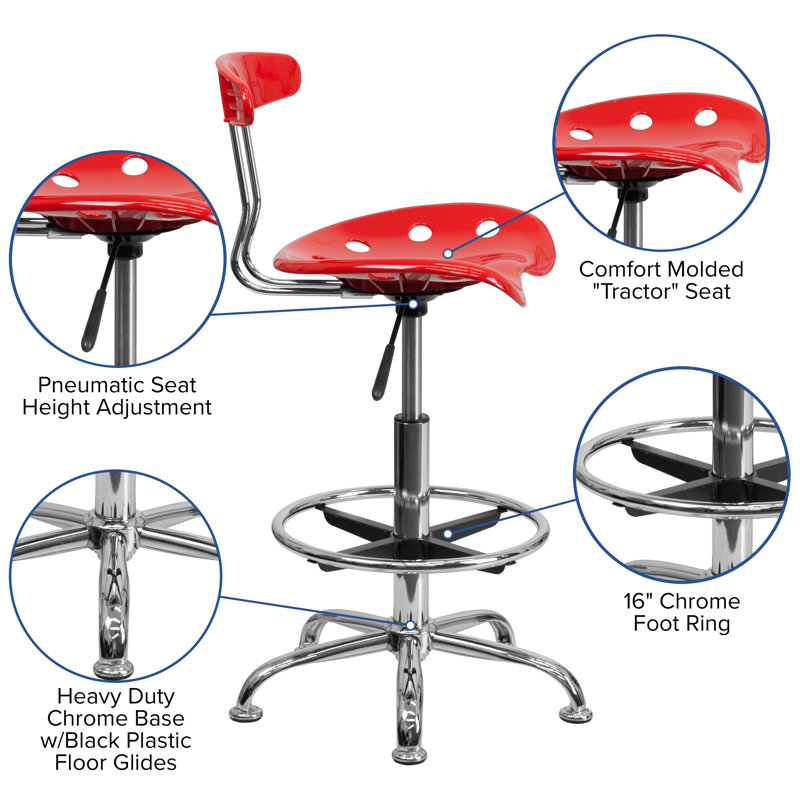 Vibrant Red and Chrome Swivel Drafting Stool with Tractor Seat