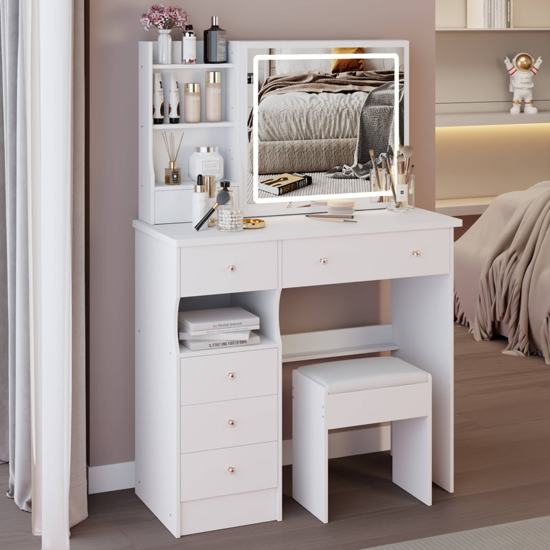 Meuble-lavabo de 37 po de taille moyenne avec tiroir de gauche et tabouret rembourré, grande commande tactile, interrupteur tricolore, miroir à luminosité réglable, rangement à grande capacité, convient aux grands espaces