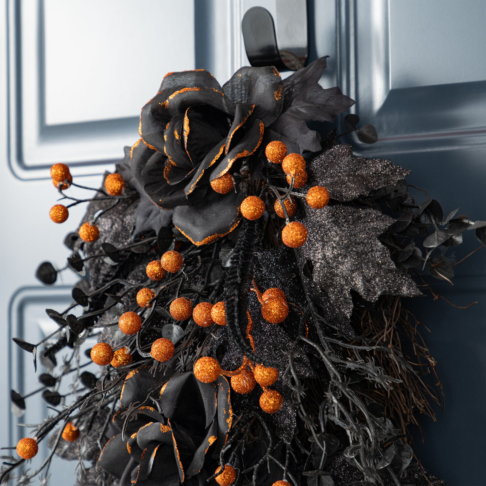 28"H Halloween Black Rose And Berry Swag Includes A Complimentary Black Metal Wreath Hanger