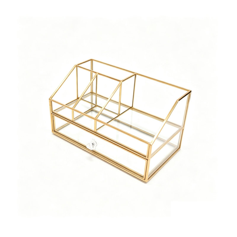 Cosmetics Storage Display Case,Clear Glass Brass Metal Cosmetic Organizer