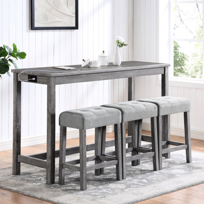 Table de bar et chaises industrielles avec prise de courant industrielle pour le salon - 4 pièces de tabourets ergonomiques à surface de jeu en bois massif gris, confortable