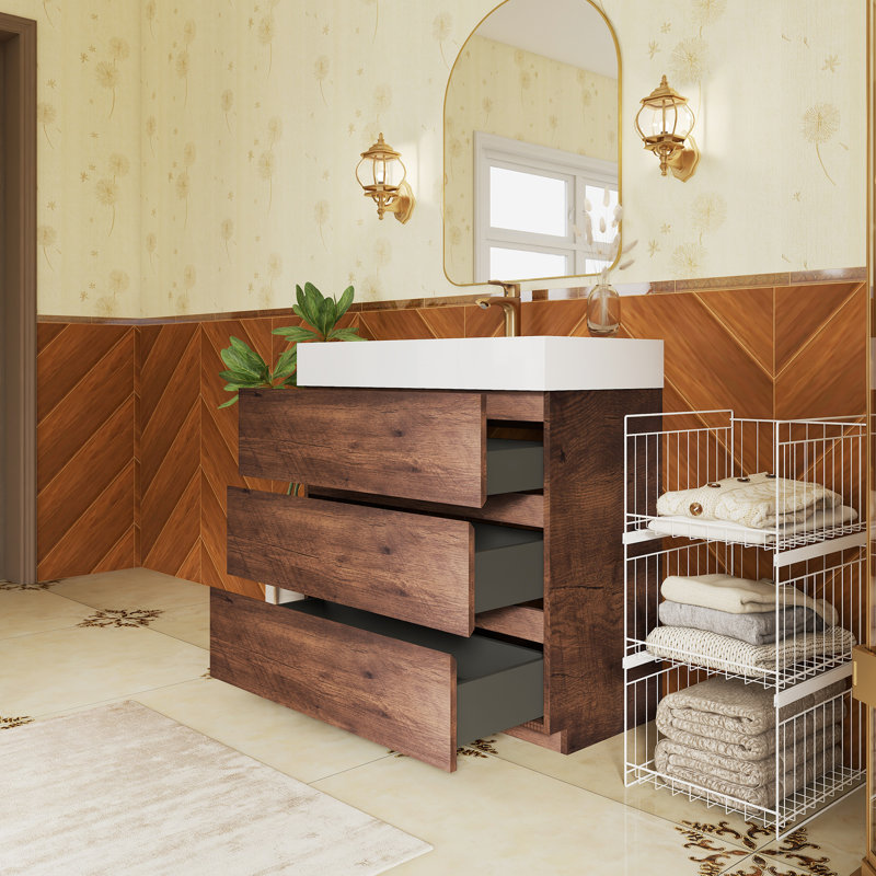 35.8'' Freestanding Single Sink Bathroom Vanity with Solid Surface Top