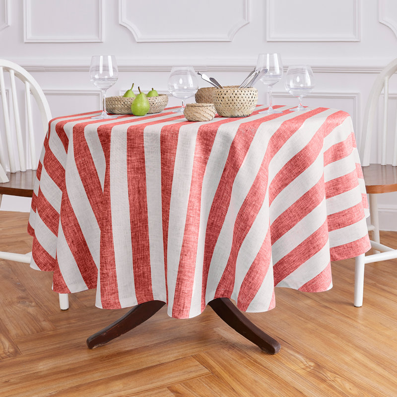 Cabana Stripe - 100% Pure Linen Round Tablecloth, Red and White, 70" Round