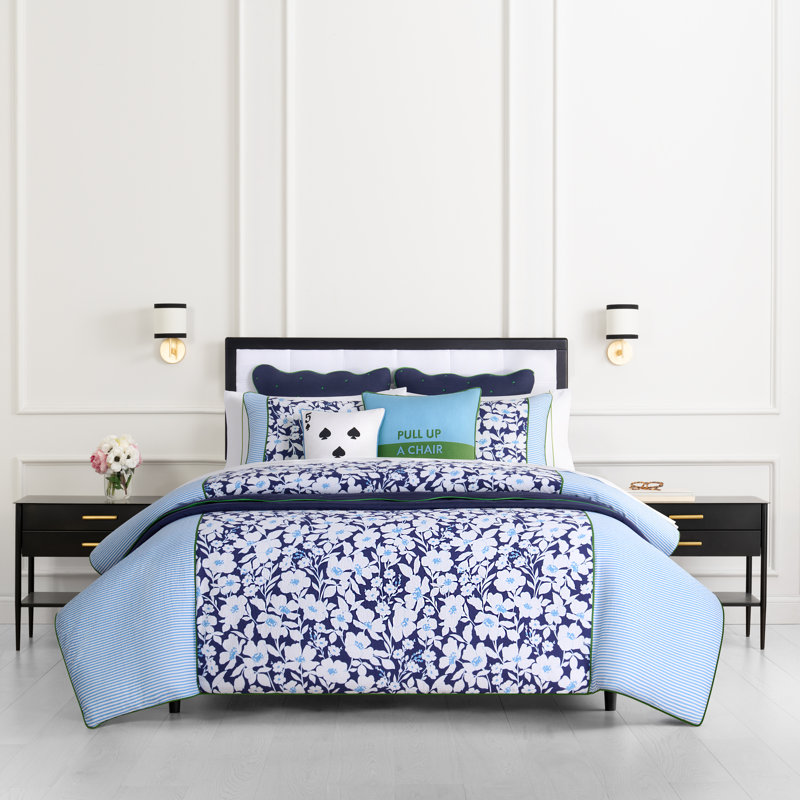 kate spade new york Anemone Field Full/Queen Comforter Set, 100% Cotton Reversible Cover, All Season 3 Piece Bedding, Machine Washable, Blue Multicolor 