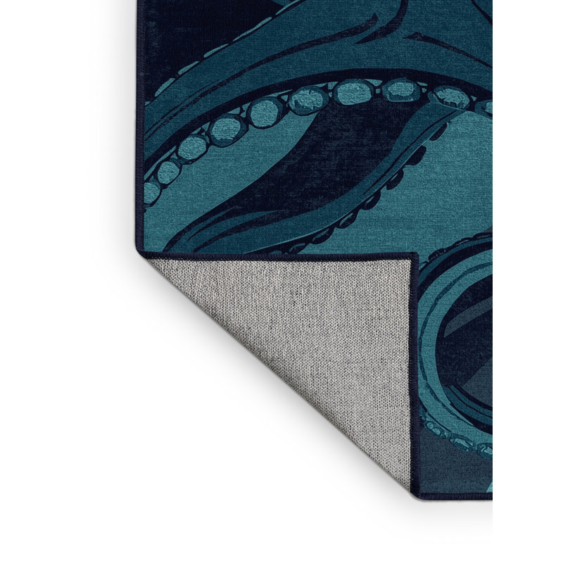 Machine Washable Osckar Octopus Modern Rug in Blue – Navy Binding, 7x10
