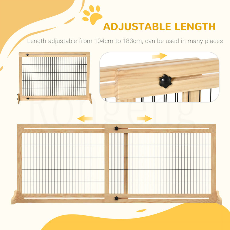 Natural Wooden Retractable Freestanding Pet Gate for Doorways