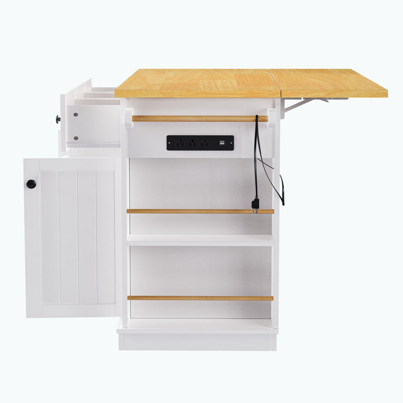 Grand îlot de cuisine de 53 po avec 2 tabourets de bar et prise de courant, Blanc