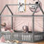 Grey Twin House Bed With Fence, Door - Pine Build Size Bed, Grey, Fence And
