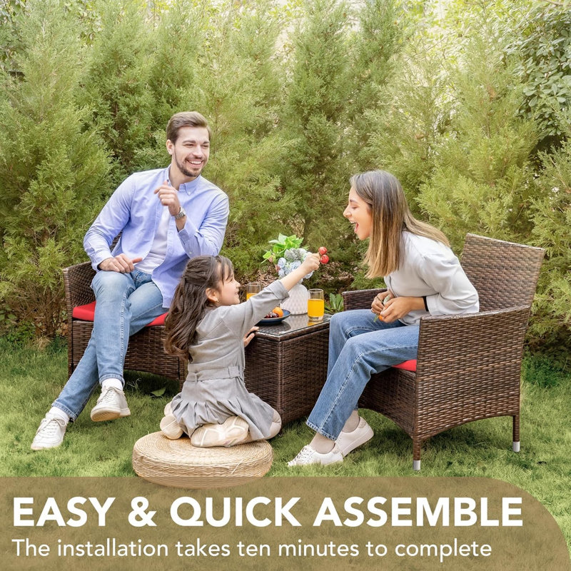 Compact 3-Piece Outdoor Patio Bistro Set PE Rattan Conversation Set, Orange Cushion/Brown Frame