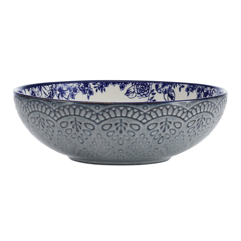 Gabriela 8" Blue and White Floral Ceramic Pasta Bowls, Set of 2