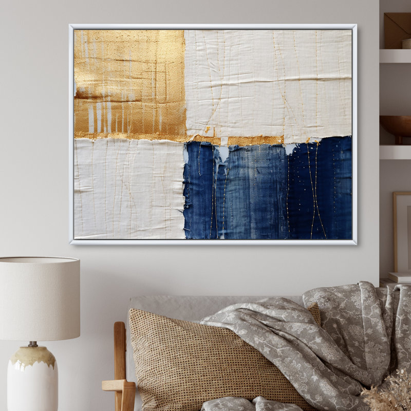 A Touch of Gold and Kings Blue - peinture abstraite, art mural, H 24 po x l 32 po x P 1 po, Cadre flottant blanc