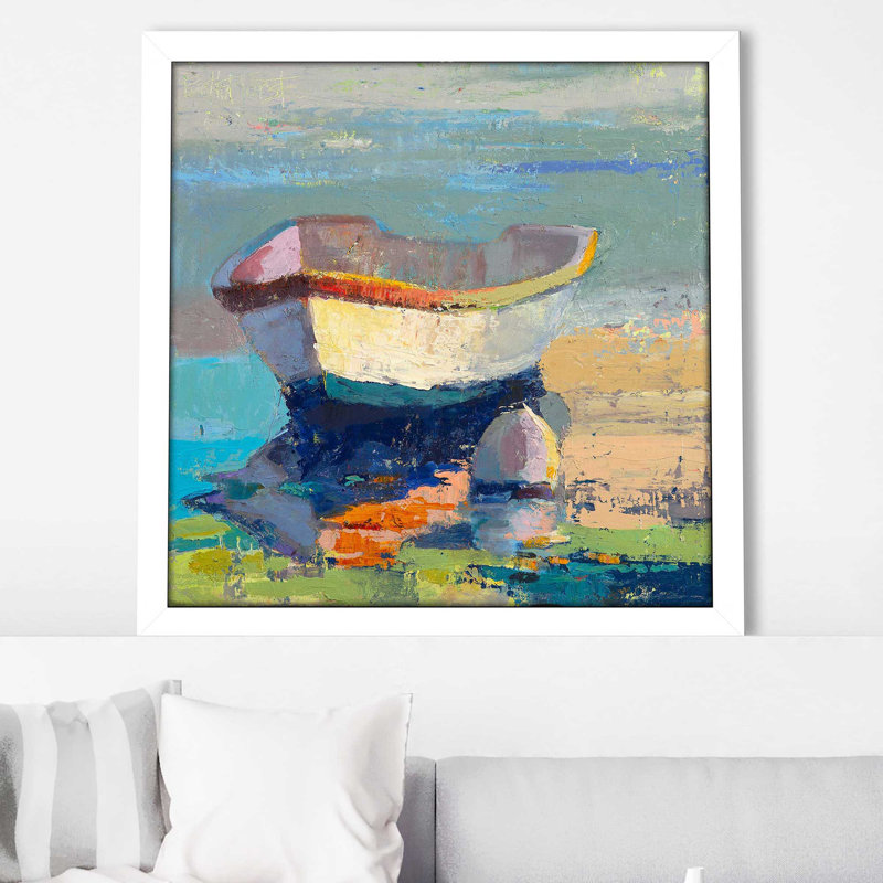 «Bottle Green Boat» par Beth A. Forst - Peinture, Cadre blanc, H 37,5 po x l 37,5 po x P 1 po