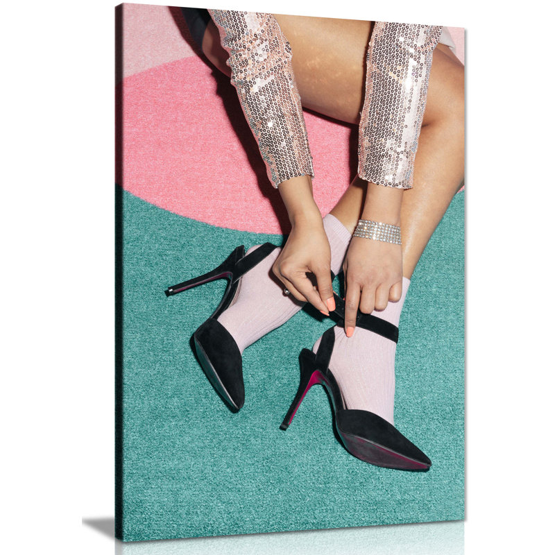Panther Print Fine Art Prints Woman In Sequin Disco Dress And Pink Socks Artistic Framed Canvas Prints, Pictures For Home Walls, Bedroom, Living Room & Bathroom Decor - Wrapped Canvas Art Prints