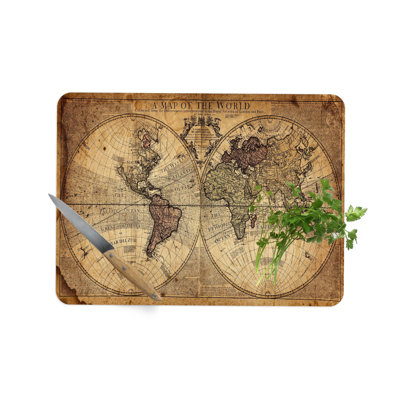 Vintage World Map Print on Rectangular Glass Chopping and Serving Board Perfect for Cheese Presentation and Personalized Gifting