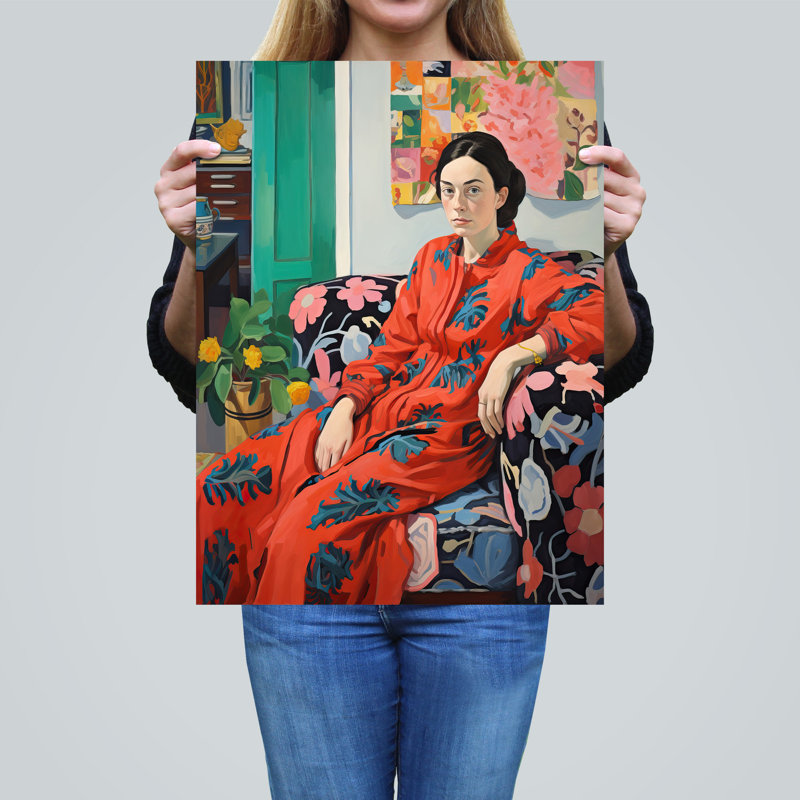 Wall Art Print Serious Pattern Clasher Woman Lounge Posing for Portrait Oil Painting Poster