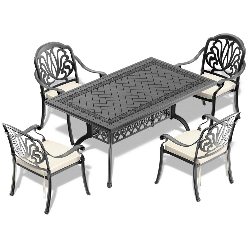 6 tables de patio en fonte d'aluminium, noire, rectangulaire, texturée, résistante à la corrosion, 6 personnes