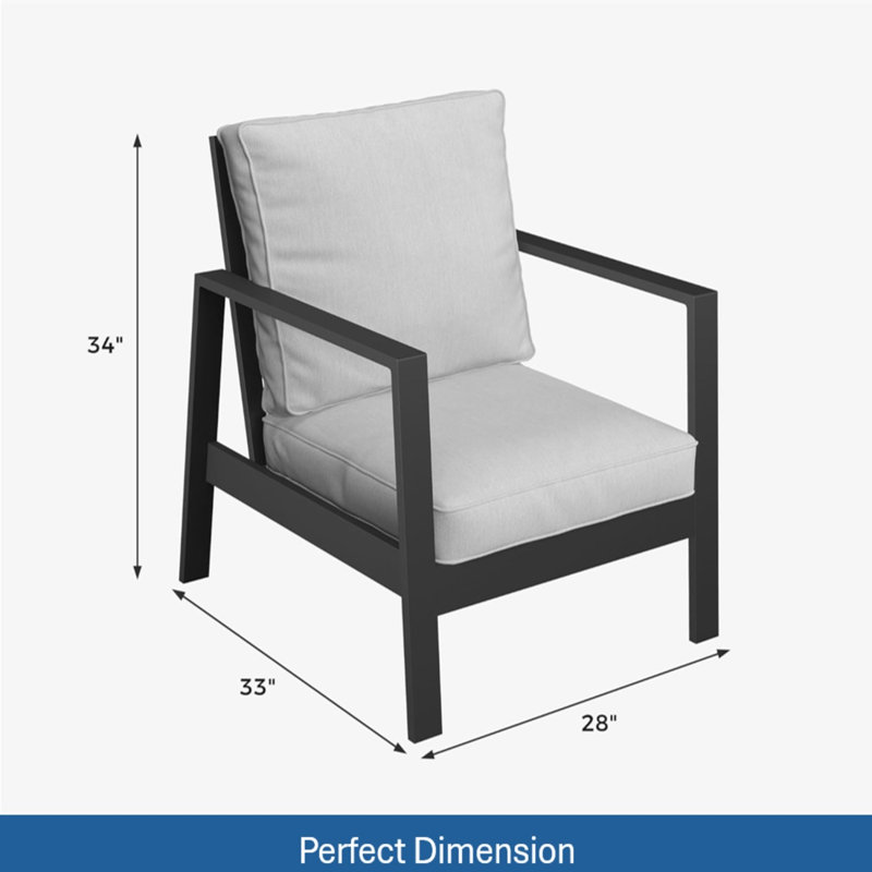 Set Of 2   28" All-Weather Aluminum Patio Armchairs With Thick Light Gray Cushions & Black Frame, Gray