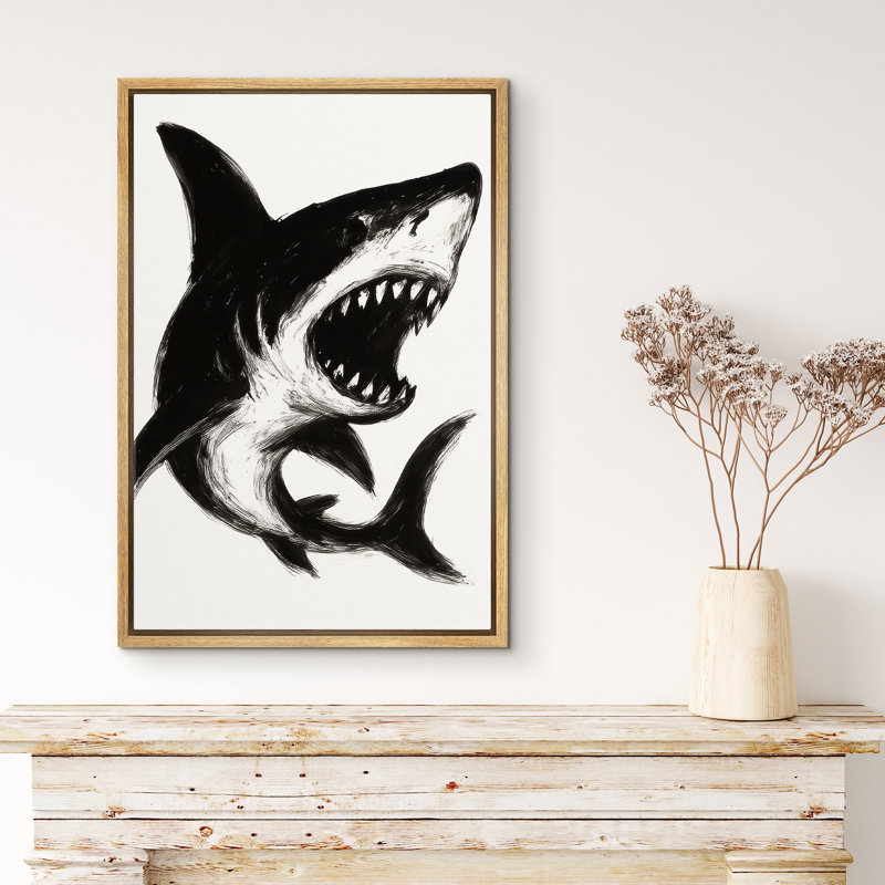 Black and White Shark Art - Pictures Framed Canvas Print Wall Art, 24" H x 16" W x 1.5" D, Natural Frame