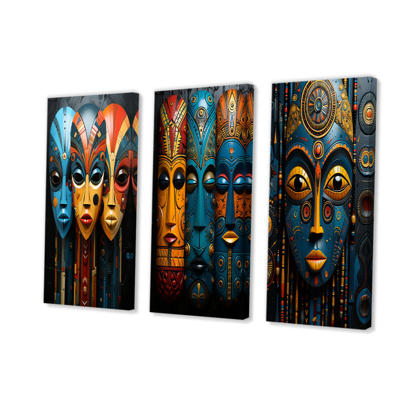 African Mystique Tribes Masks, H 28 po x l 36 po, Toile tendue