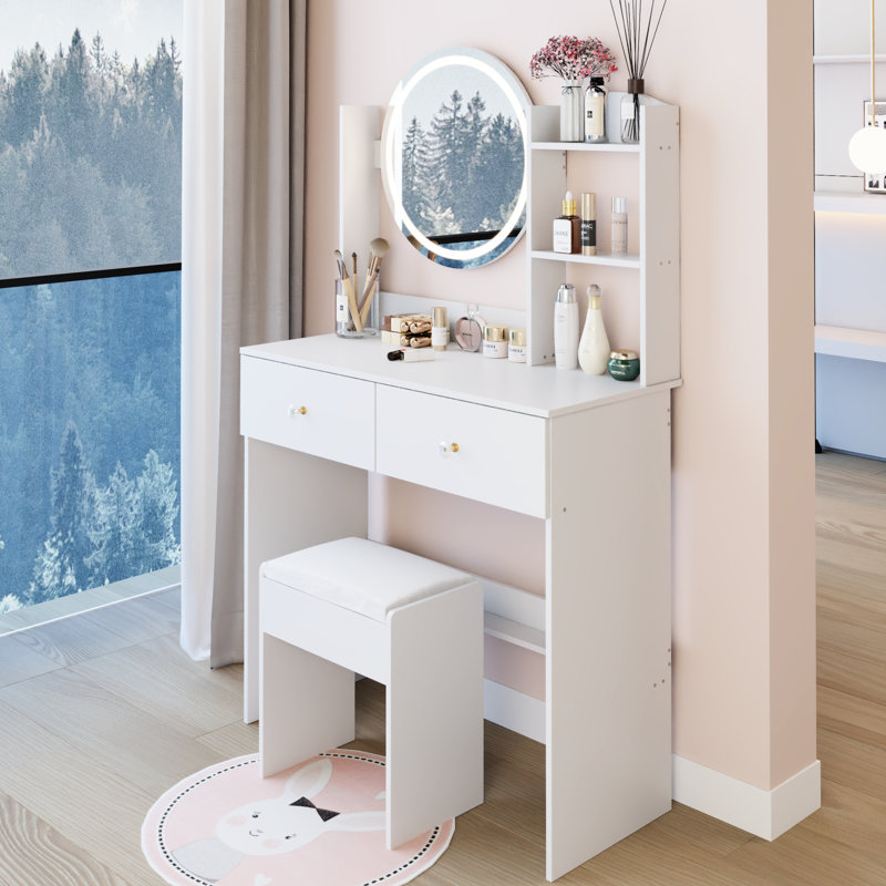 Table de coiffeuse: miroir rond à DEL de 17 po, éclairage réglable à 3 couleurs, tabouret moelleux, grand rangement à plusieurs couches, conception américaine, fabrication blanche, luminosité, rangement confortable pour les petits espaces, style,