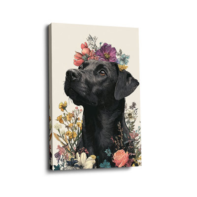 Cadre floral tendu «Labrador noir avec couronne de fleurs et fleurs sauvages (ton charmant)» fantaisiste pour studio confortable