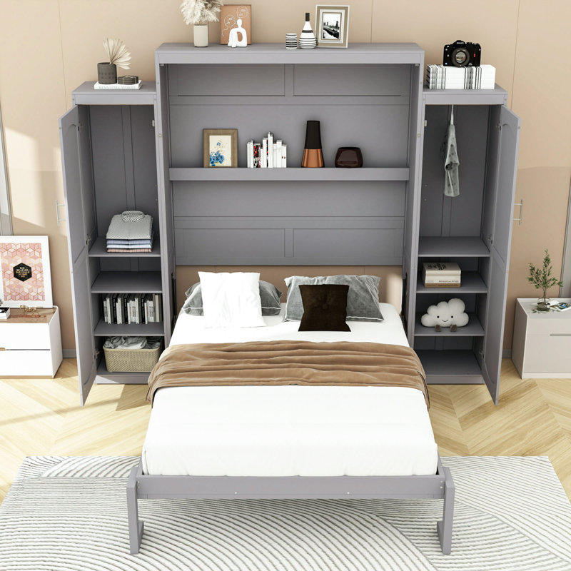 Lit escamotable avec armoires et tablettes Murphy, conception pliable multifonctionnelle, Gris, Grand lit