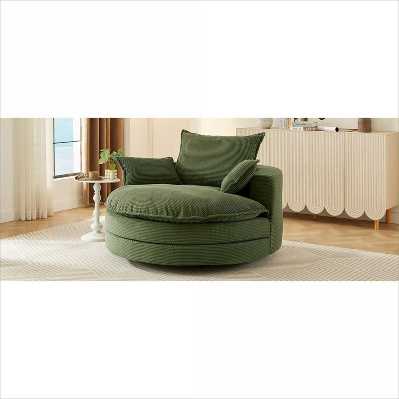 Fauteuil d'appoint en tonneau surdimensionné, fauteuil pivotant à 360 ° pour le salon, velours côtelé vert doux avec coussin à deux couches