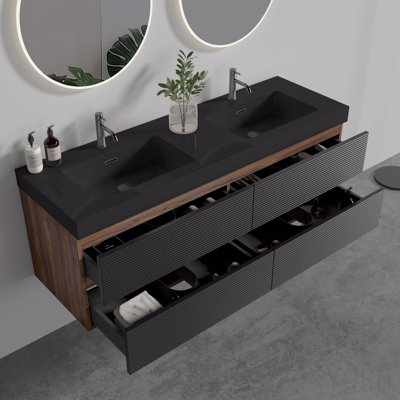 60" Walnut Bathroom Vanity With Matt Black Engineered Solid Surface Sink And Soft Black Drawers, Wall Mounted Floating Bathroom Vanity, Without Drainage And Faucet, Pre-Assembled