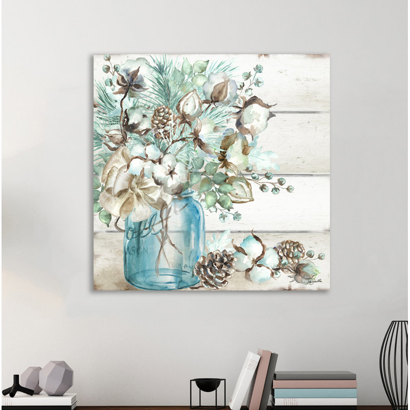 Coton, coton, pommes de pin dans un pot Mason I - reproduction d'art sur toile tendue, H 48 po x l 48 po