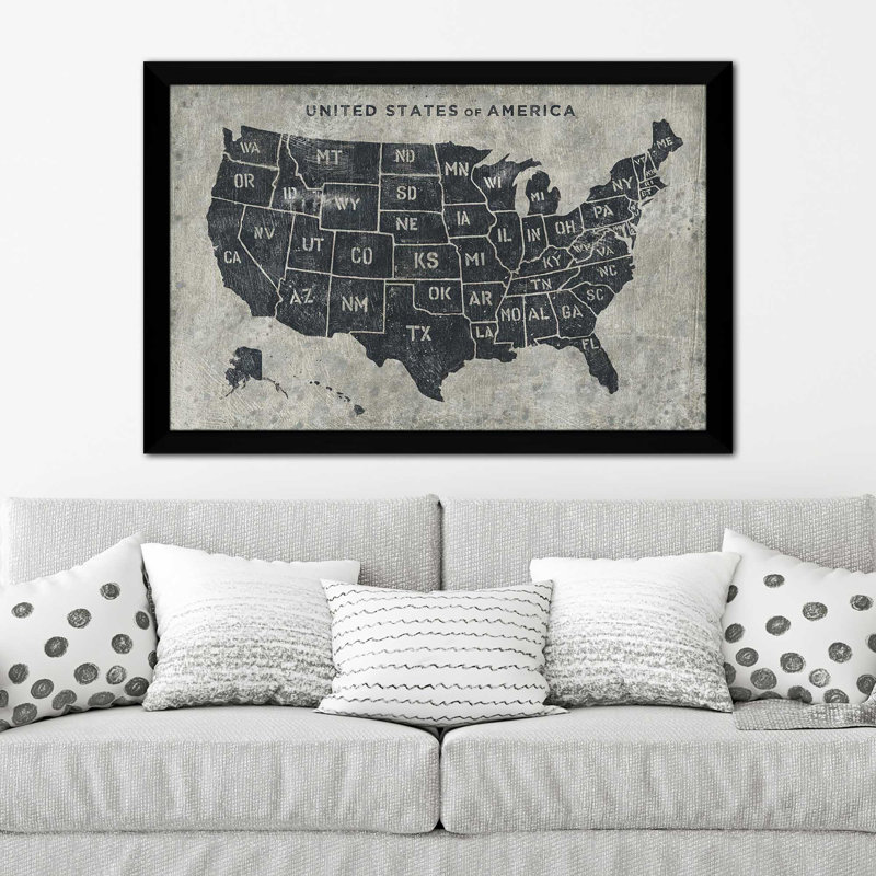 Carte grunge des États-Unis - impression, H 33,5 po x l 49,5 po x P 1 po, Cadre noir